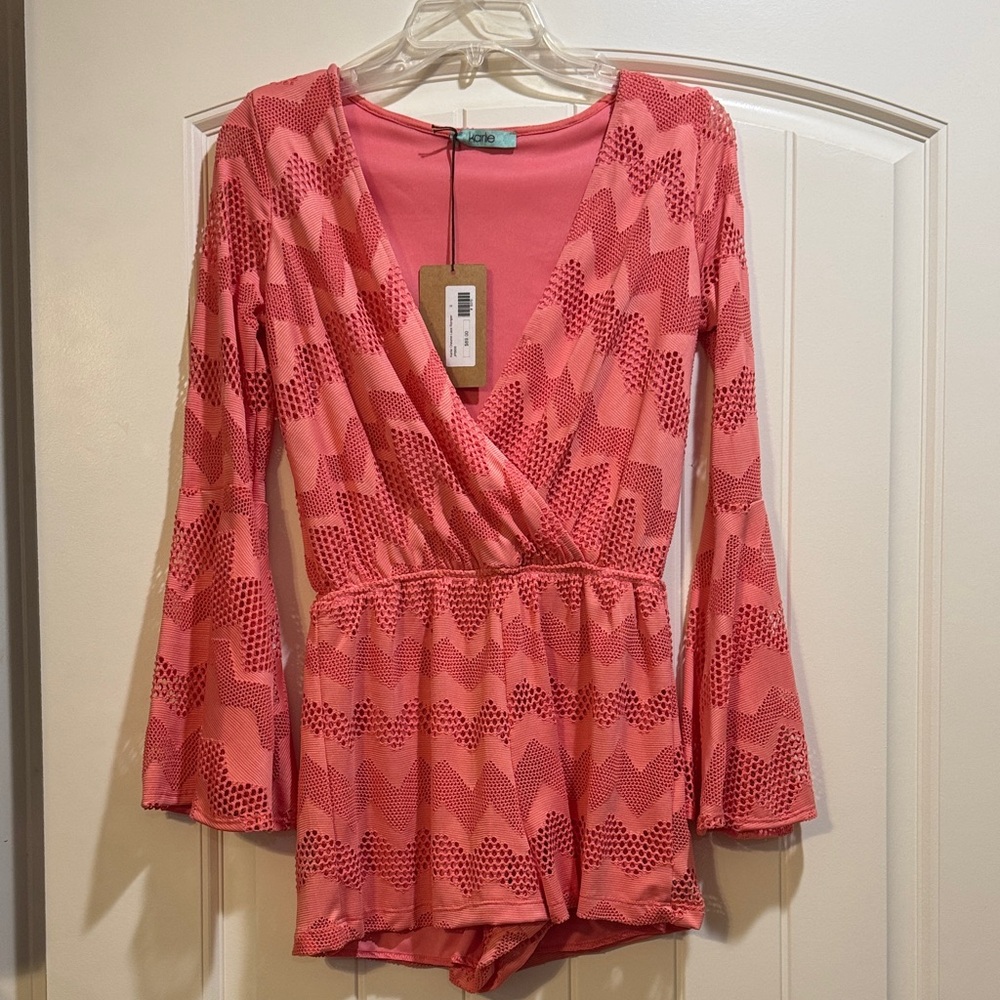 Coral Pink Chevron Lace Romper